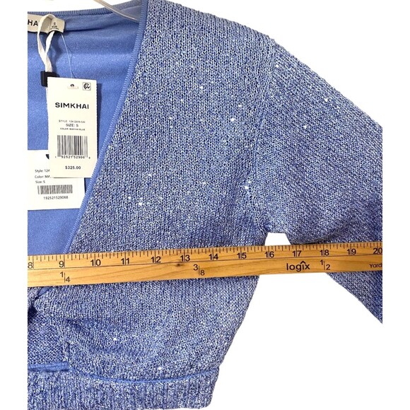Simkhai Knit Top S Blue Metalic V-neck long Sleeve Fairy Festive Party Glam $325 - Picture 3 of 9